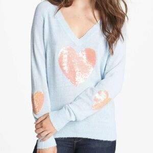 Wildfox Happy Hearts Sky Blue Sweater with Sequin Heart